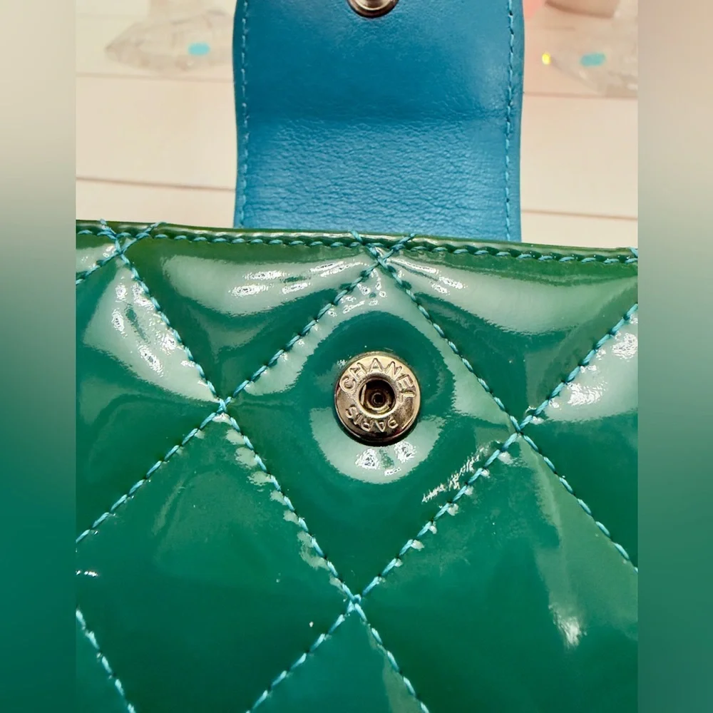 Chanel Green Patent Leather Blue Lambskin Wallet